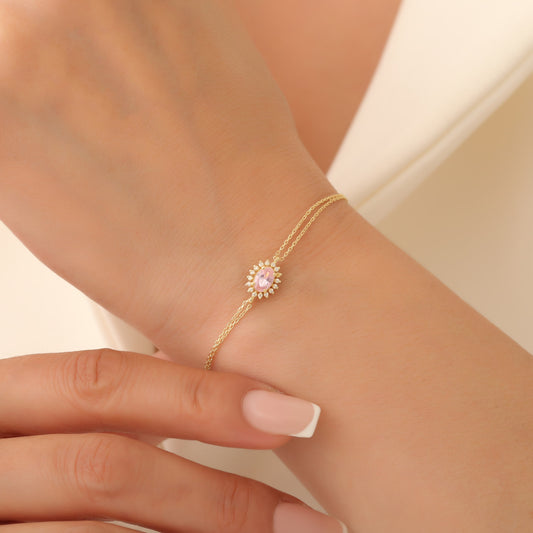 Pink Tourmaline Oval Bracelet 8K/10K/14K Solid Gold Surrounded by Real Diamonds, October Birthstone Gift
