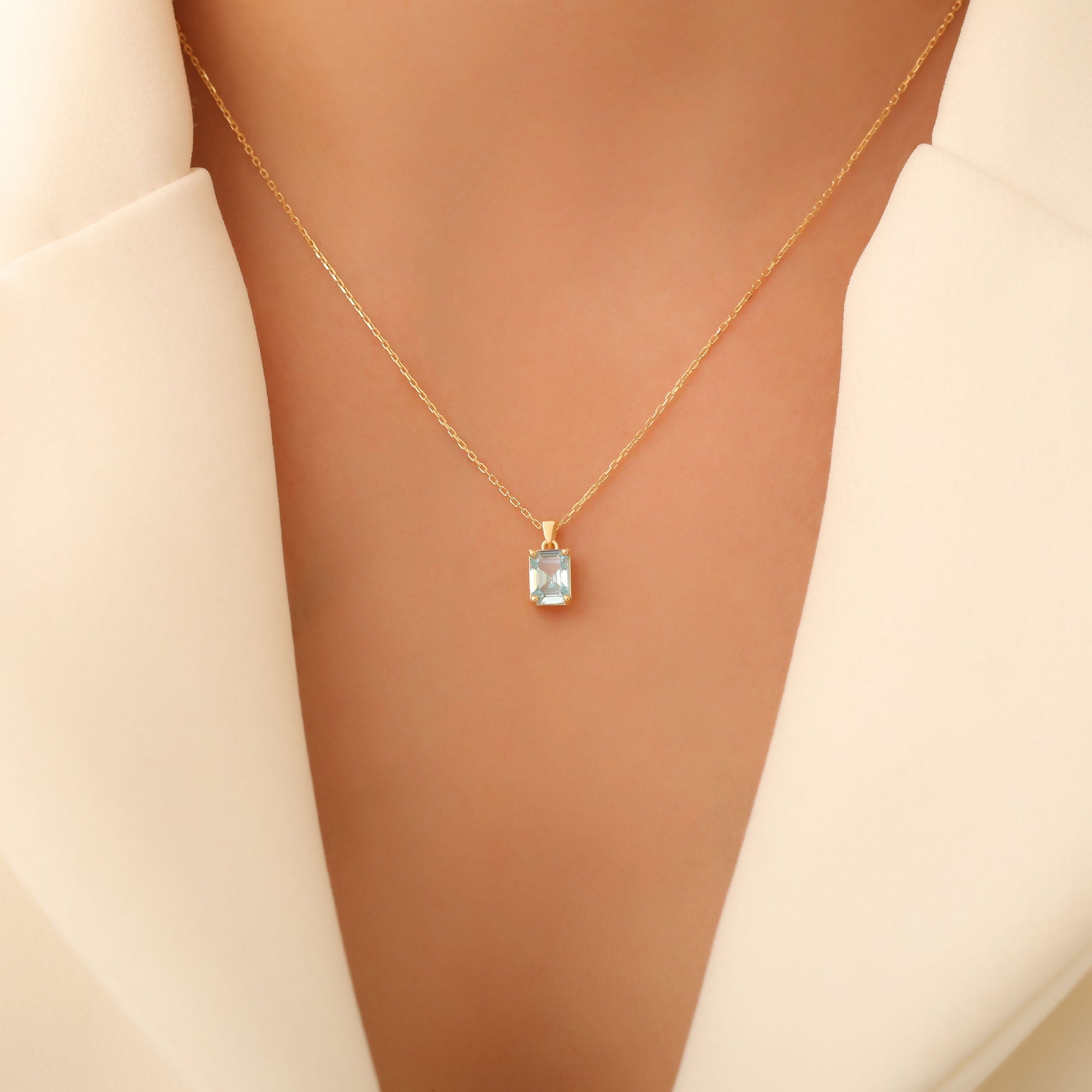 Rectangle Aquamarine Necklace in 14K Solid Gold, March Birthstone Pendant Queen Jewelry Necklace