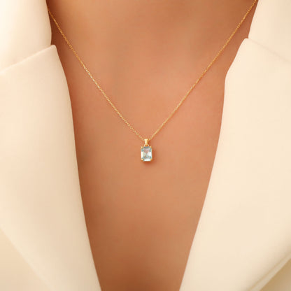 Rectangle Aquamarine Necklace in 14K Solid Gold, March Birthstone Pendant Queen Jewelry Necklace