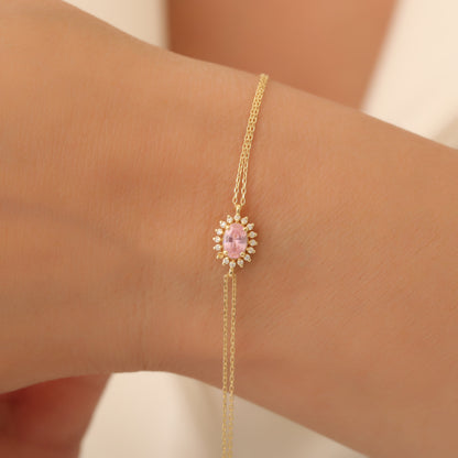 Pink Tourmaline Oval Bracelet 8K/10K/14K Solid Gold Surrounded by Real Diamonds, October Birthstone Gift