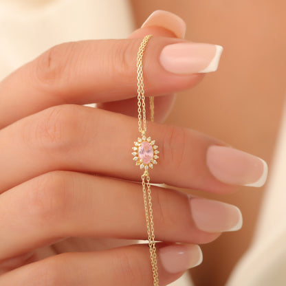 Pink Tourmaline Oval Bracelet 8K/10K/14K Solid Gold Surrounded by Real Diamonds, October Birthstone Gift