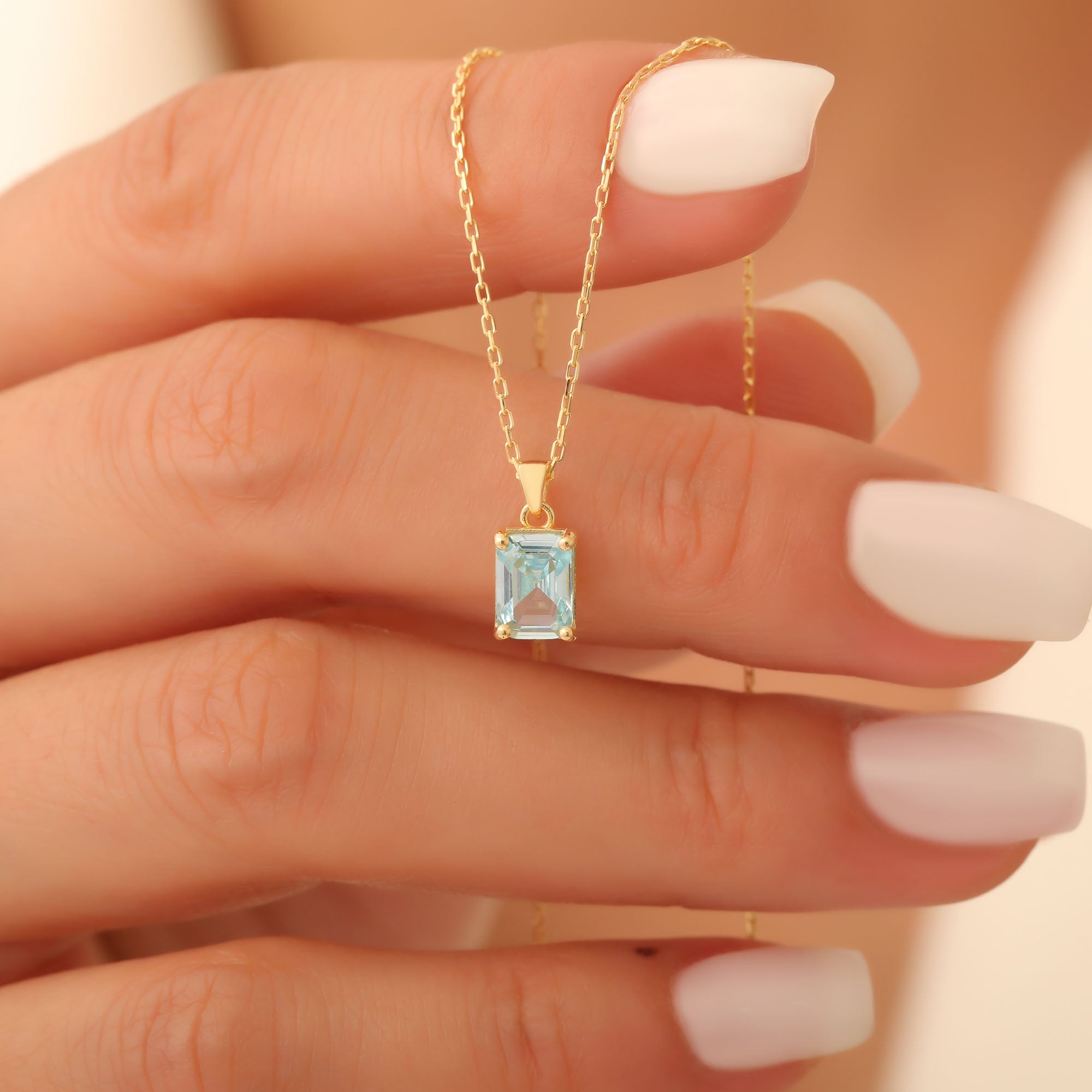 Rectangle Aquamarine Necklace in 14K Solid Gold, March Birthstone Pendant Queen Jewelry Necklace