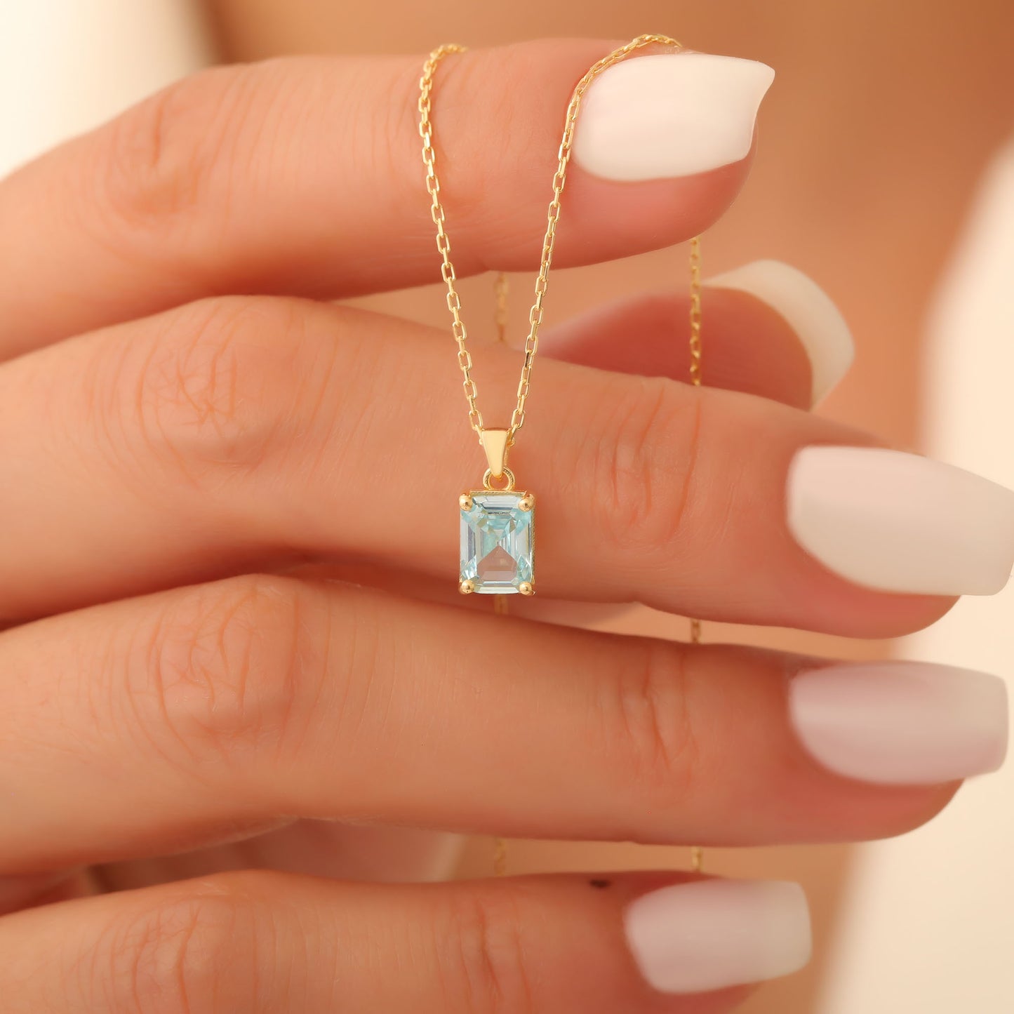Rectangle Aquamarine Necklace in 14K Solid Gold, March Birthstone Pendant Queen Jewelry Necklace