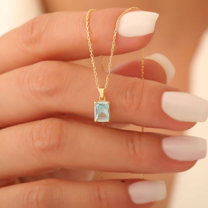 Rectangle Aquamarine Necklace in 14K Solid Gold, March Birthstone Pendant Queen Jewelry Necklace