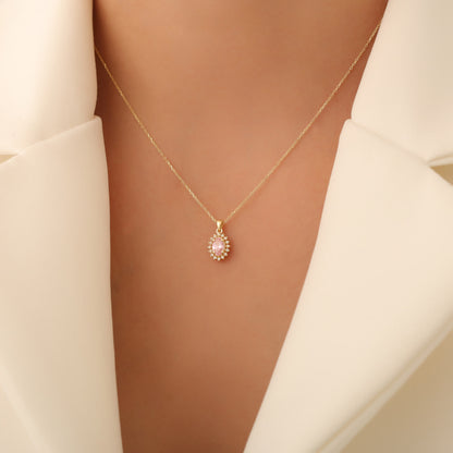 Oval Cut Pink Tourmaline Necklace with Real Diamonds, 10K/14K Solid Gold, October Birthstone Pendant