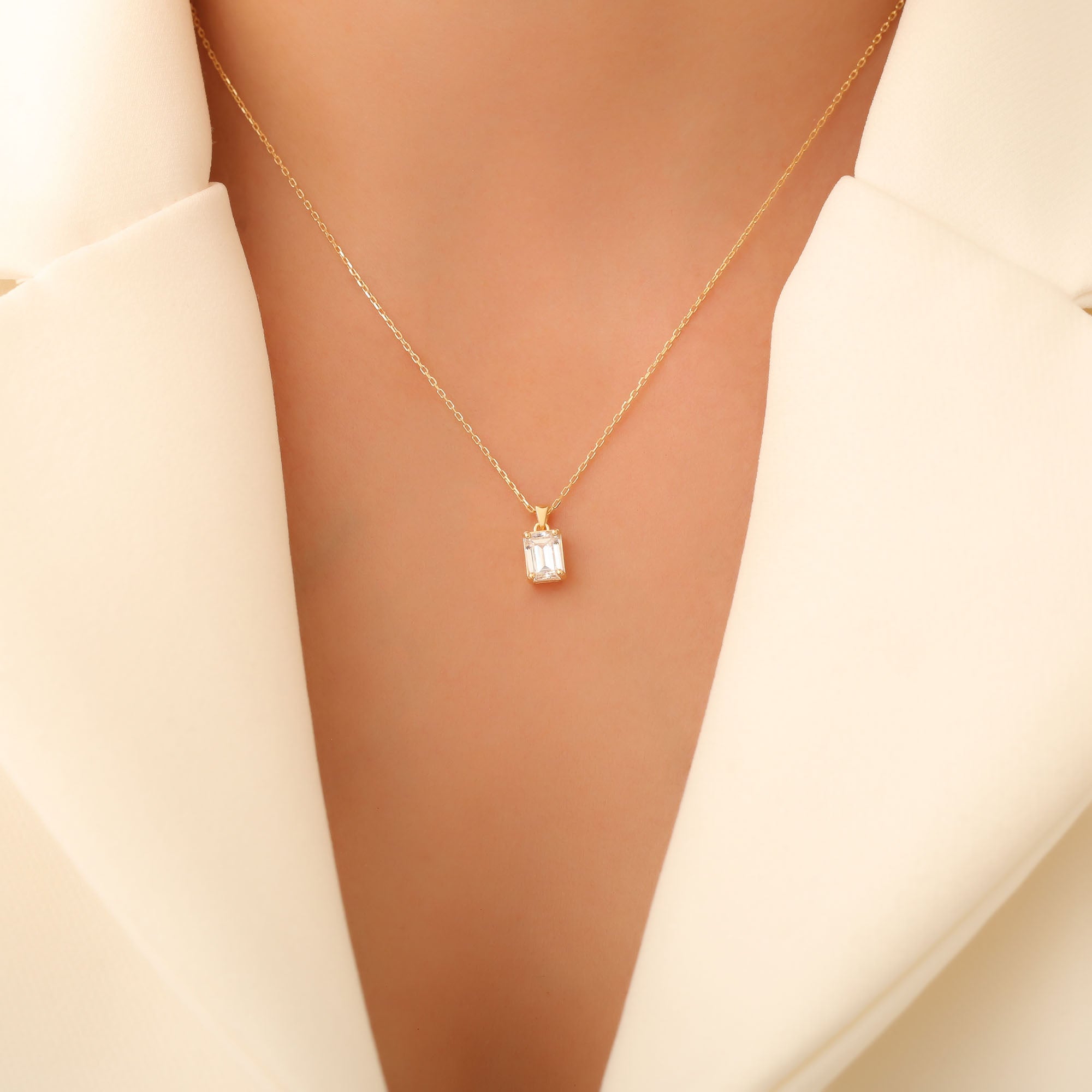 Rectangle White Topaz Necklace in 14K Solid Gold, April Birthstone Pendant Queen Jewelry Necklace