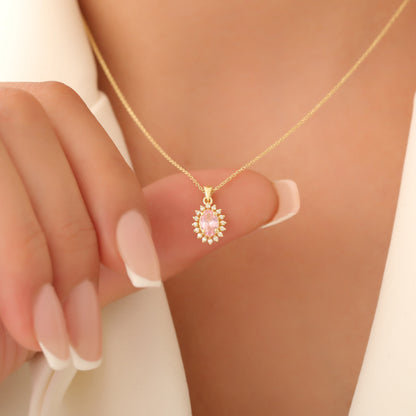 Oval Cut Pink Tourmaline Necklace with Real Diamonds, 10K/14K Solid Gold, October Birthstone Pendant