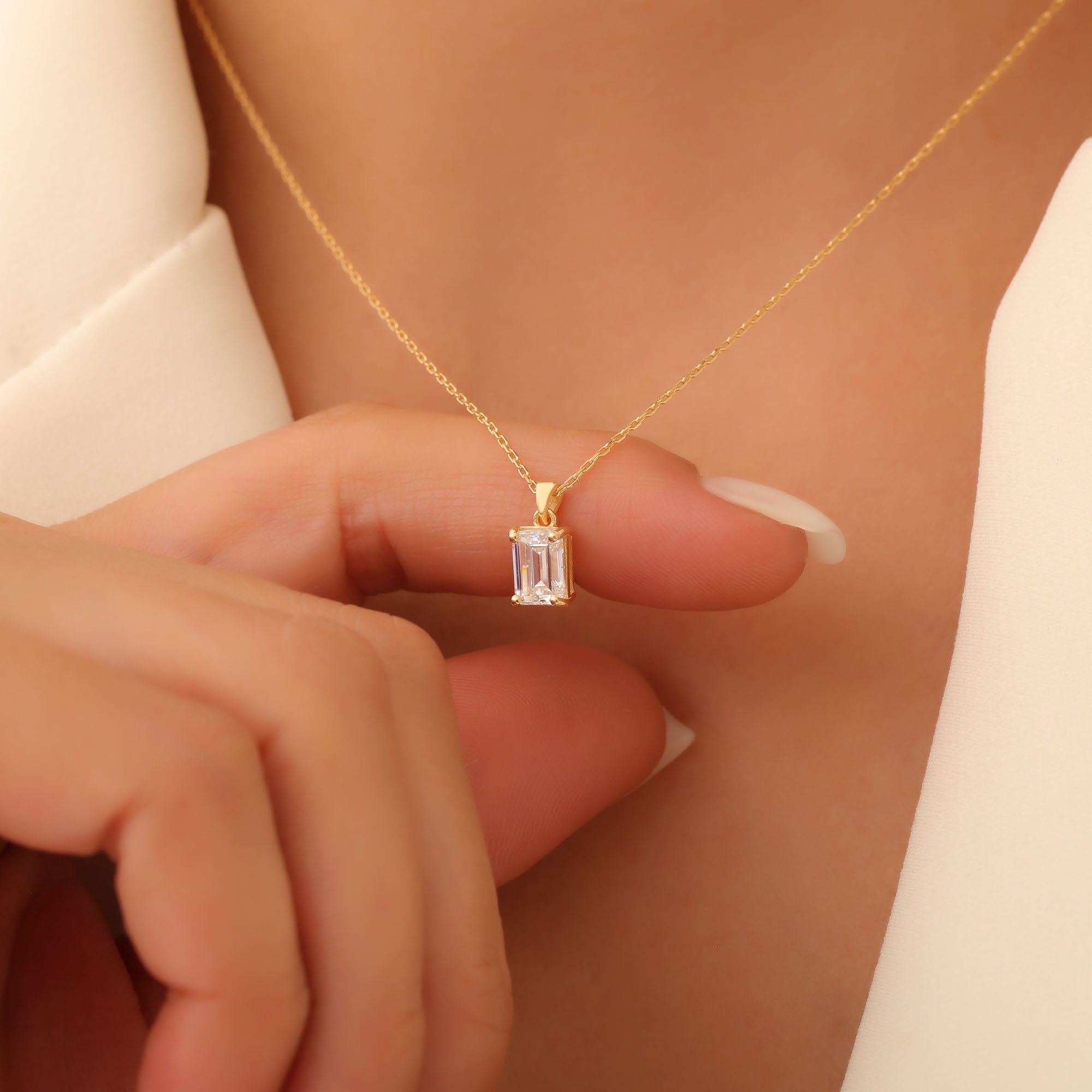 Rectangle White Topaz Necklace in 14K Solid Gold, April Birthstone Pendant Queen Jewelry Necklace