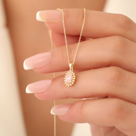 Oval Cut Pink Tourmaline Necklace with Real Diamonds, 10K/14K Solid Gold, October Birthstone Pendant