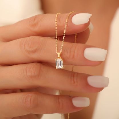 Rectangle White Topaz Necklace in 14K Solid Gold, April Birthstone Pendant Queen Jewelry Necklace