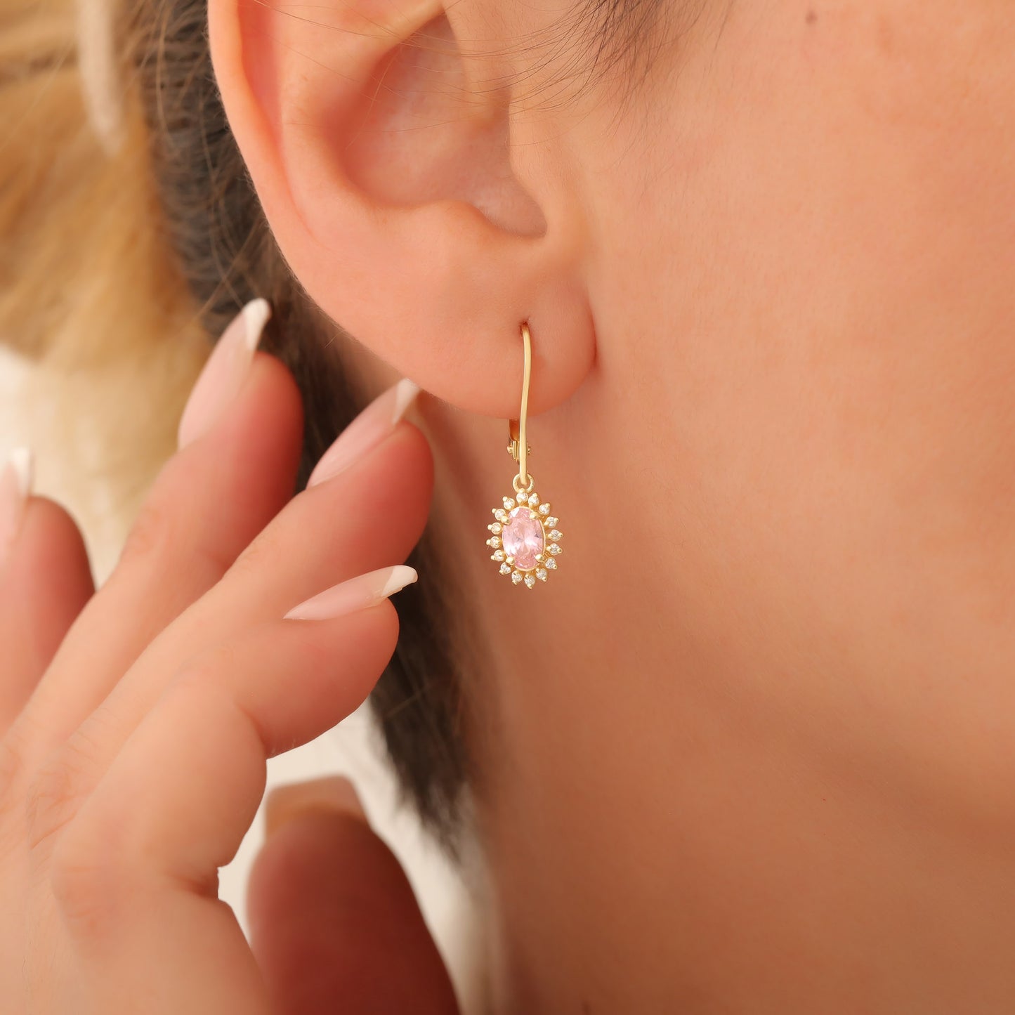 Oval Cut Pink Tourmaline Dangling Earring Surrounded by Real Diamonds, 8K/10K/14K Solid Gold, October Birthstone