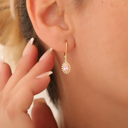 Oval Cut Pink Tourmaline Dangling Earring Surrounded by Real Diamonds, 8K/10K/14K Solid Gold, October Birthstone