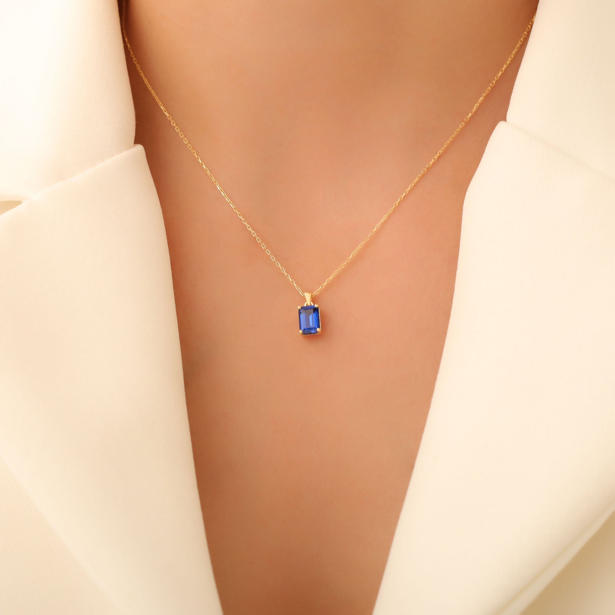 Rectangle Sapphire Necklace in 14K Solid Gold, September Birthstone Pendant Queen Jewelry Necklace