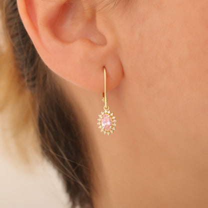 Oval Cut Pink Tourmaline Dangling Earring Surrounded by Real Diamonds, 8K/10K/14K Solid Gold, October Birthstone