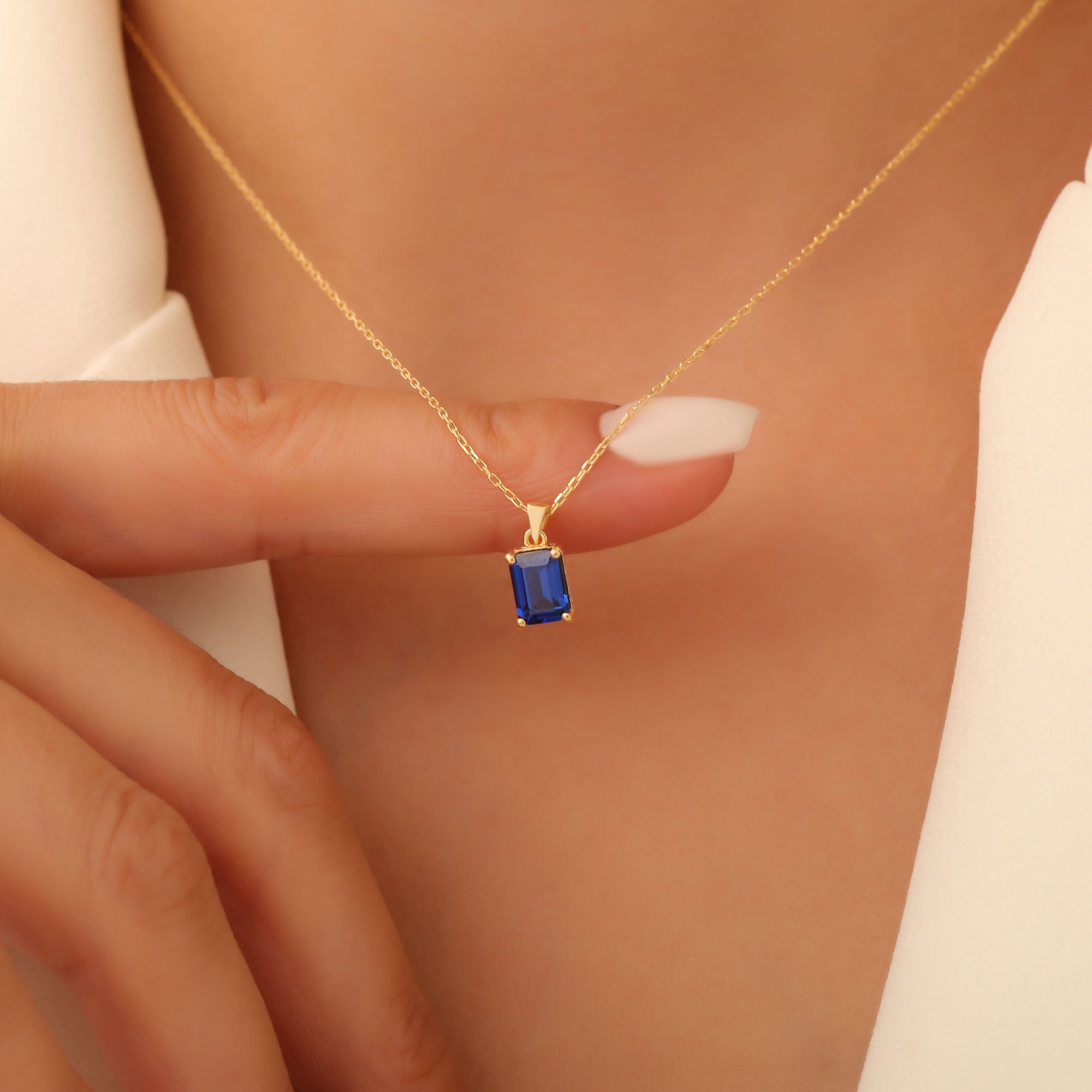 Rectangle Sapphire Necklace in 14K Solid Gold, September Birthstone Pendant Queen Jewelry Necklace