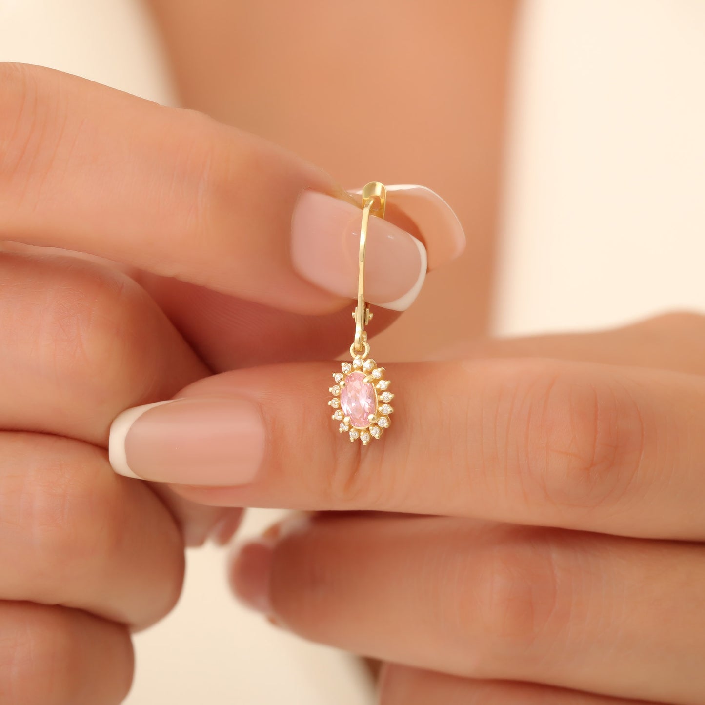 Oval Cut Pink Tourmaline Dangling Earring Surrounded by Real Diamonds, 8K/10K/14K Solid Gold, October Birthstone