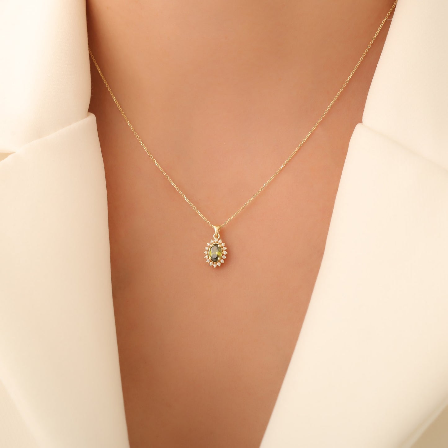 Oval Cut Peridot Necklace with Real Diamonds, 10K/14K Solid Gold, August Birthstone Pendant