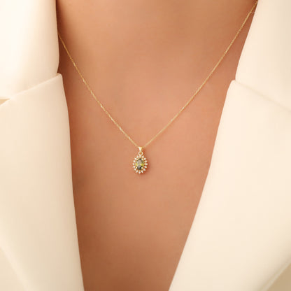 Oval Cut Peridot Necklace with Real Diamonds, 10K/14K Solid Gold, August Birthstone Pendant