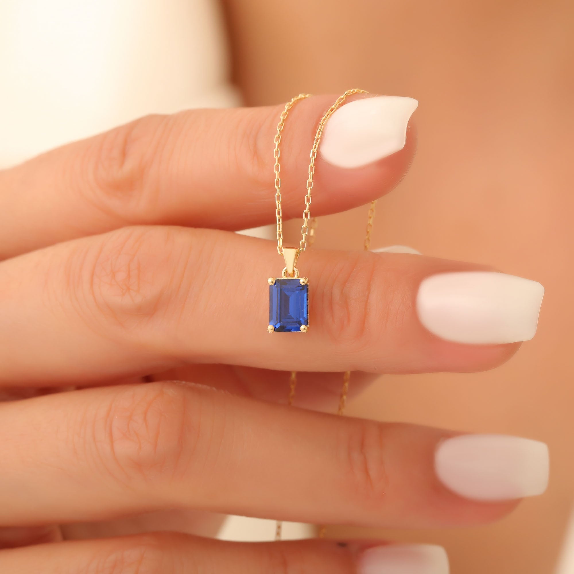 Rectangle Sapphire Necklace in 14K Solid Gold, September Birthstone Pendant Queen Jewelry Necklace