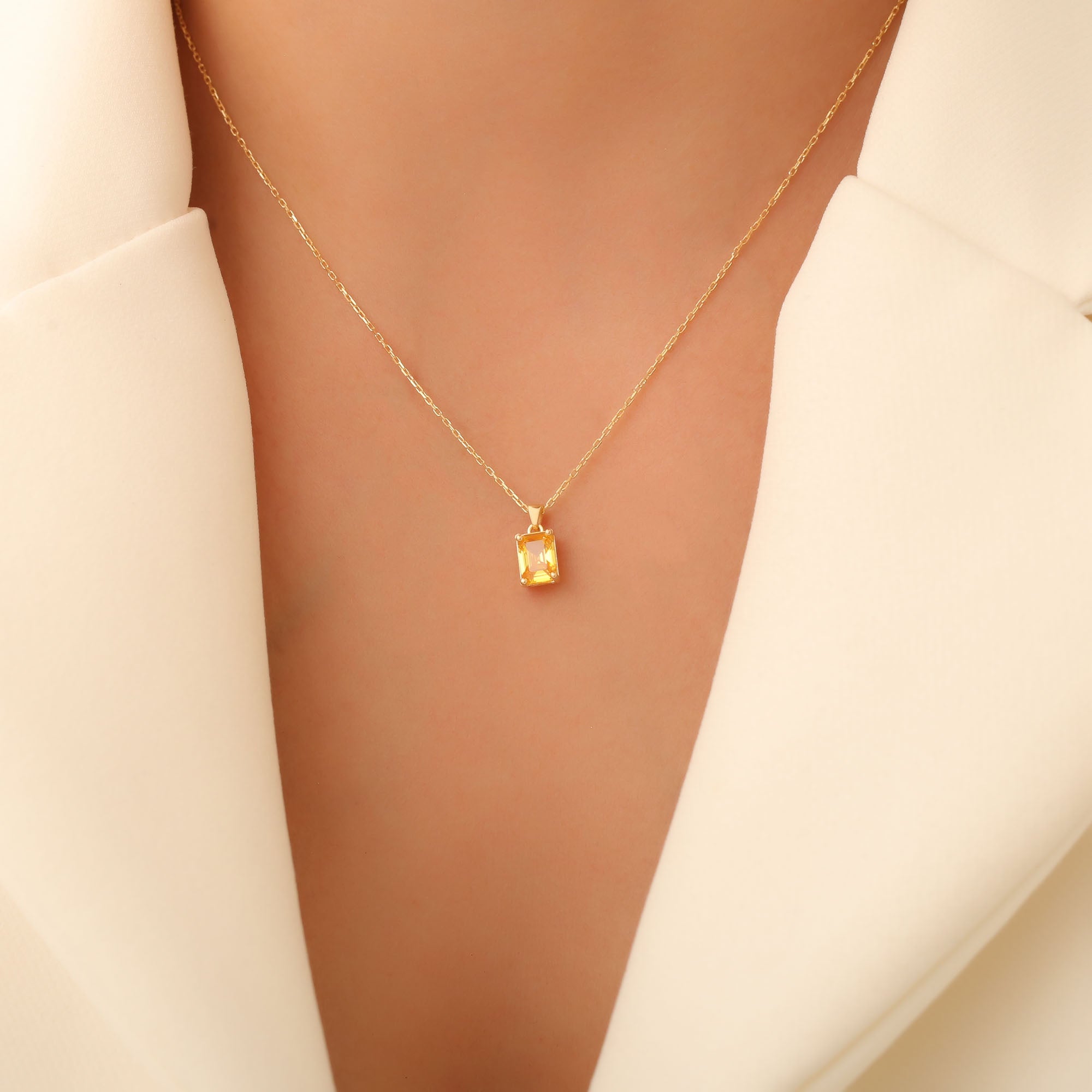 Rectangle Yellow Topaz Necklace in 14K Solid Gold, Birthstone Pendant Queen Jewelry Necklace