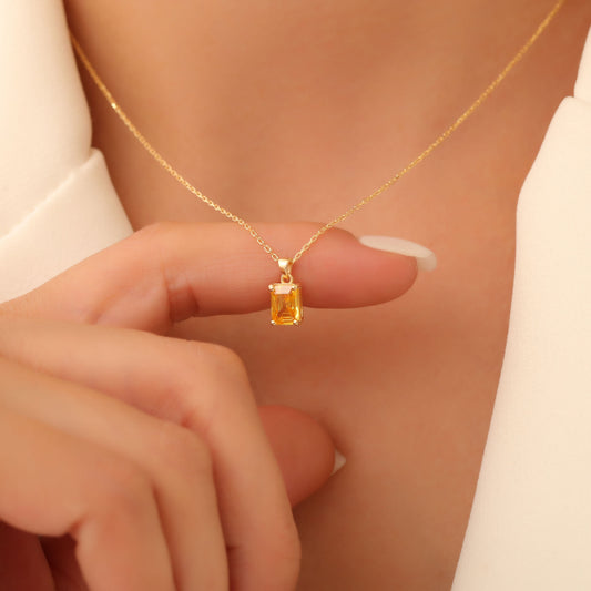 Rectangle Yellow Topaz Necklace in 14K Solid Gold, Birthstone Pendant Queen Jewelry Necklace