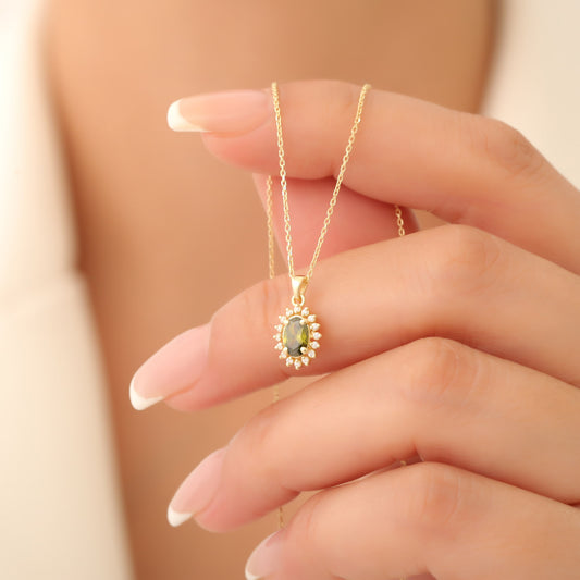 Oval Cut Peridot Necklace with Real Diamonds, 10K/14K Solid Gold, August Birthstone Pendant
