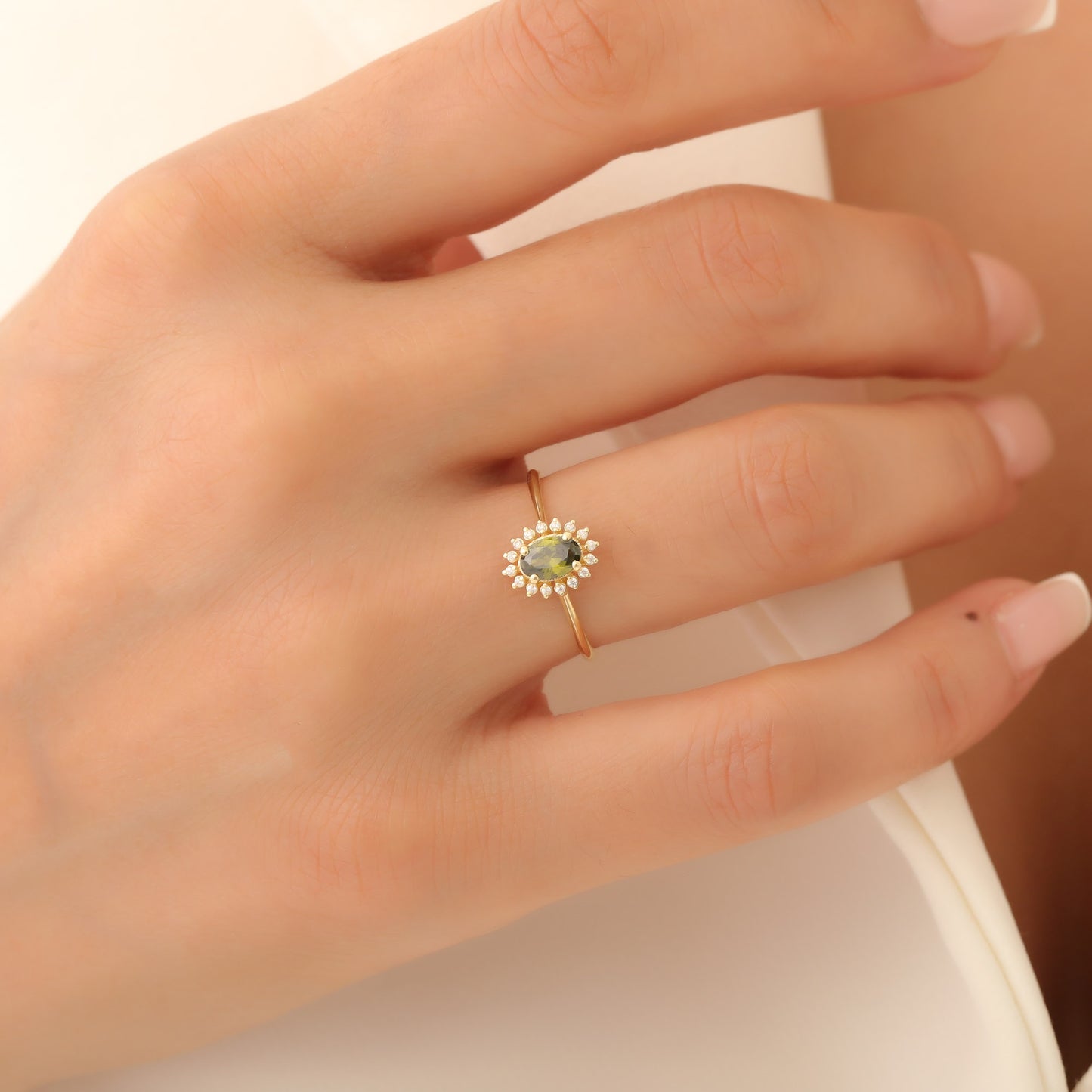 Peridot Oval Ring 8K/10K/14K Solid Gold Surrounded by Real Diamonds, August Birthstone Gift