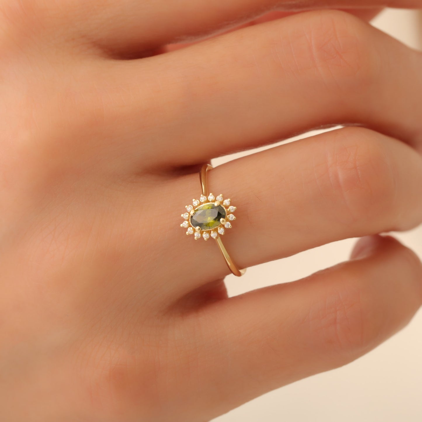 Peridot Oval Ring 8K/10K/14K Solid Gold Surrounded by Real Diamonds, August Birthstone Gift