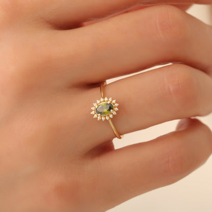 Peridot Oval Ring 8K/10K/14K Solid Gold Surrounded by Real Diamonds, August Birthstone Gift
