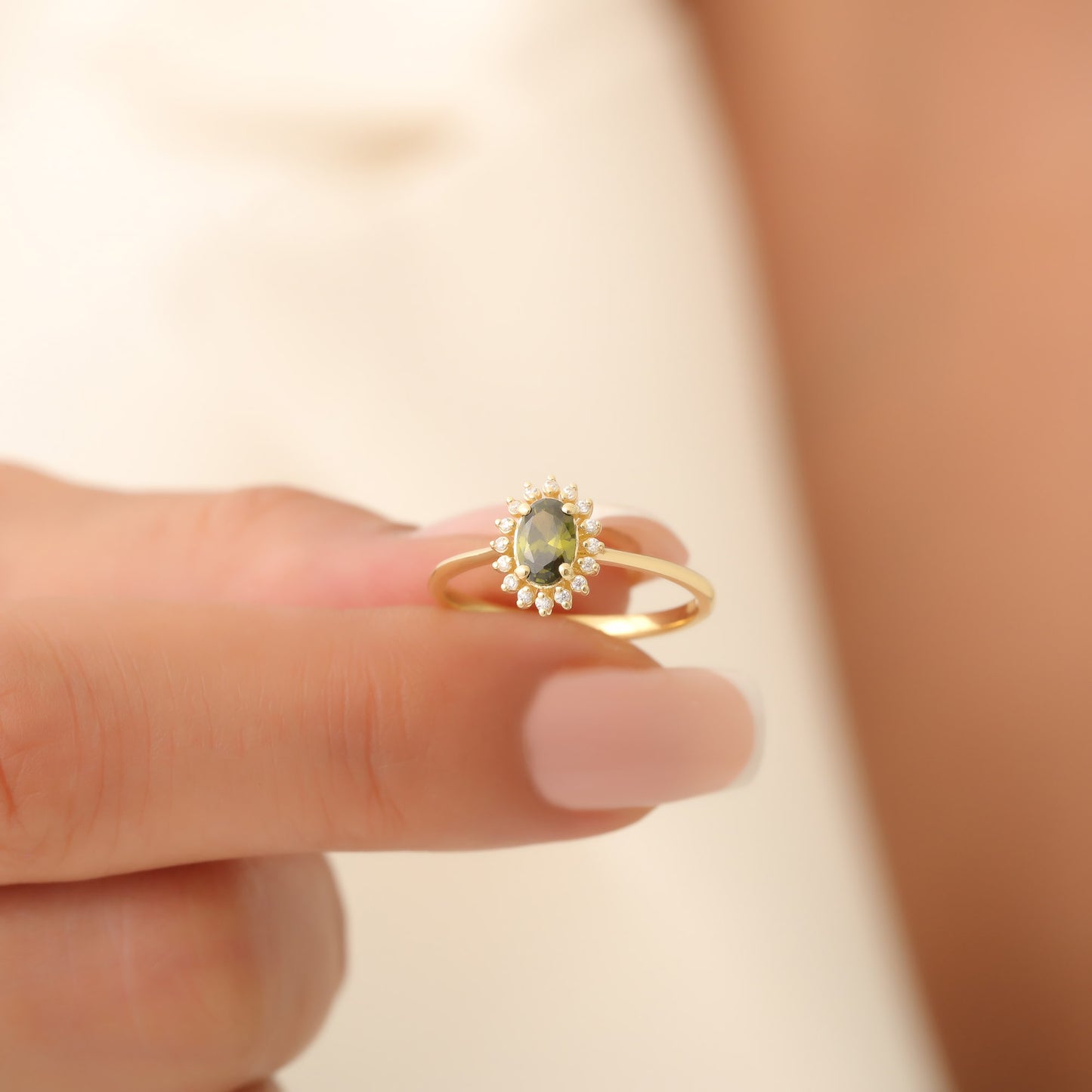 Peridot Oval Ring 8K/10K/14K Solid Gold Surrounded by Real Diamonds, August Birthstone Gift