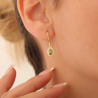Oval Cut Peridot Dangling Earring Surrounded by Real Diamonds, 8K/10K/14K Solid Gold, August Birthstone