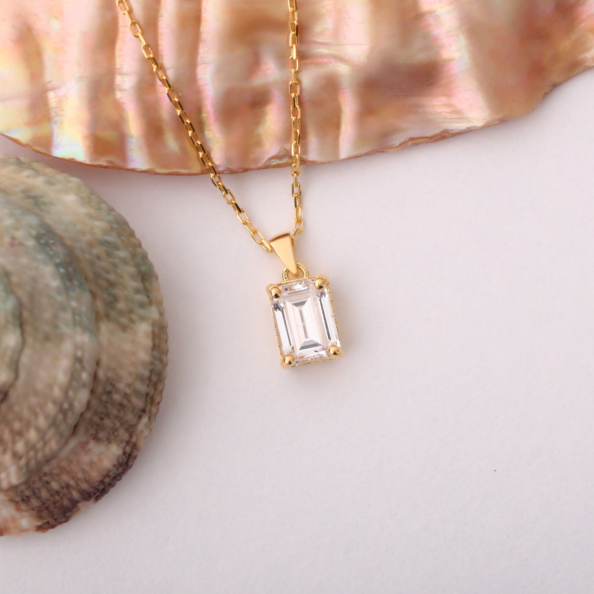 Rectangle White Topaz Necklace in 14K Solid Gold, April Birthstone Pendant Queen Jewelry Necklace