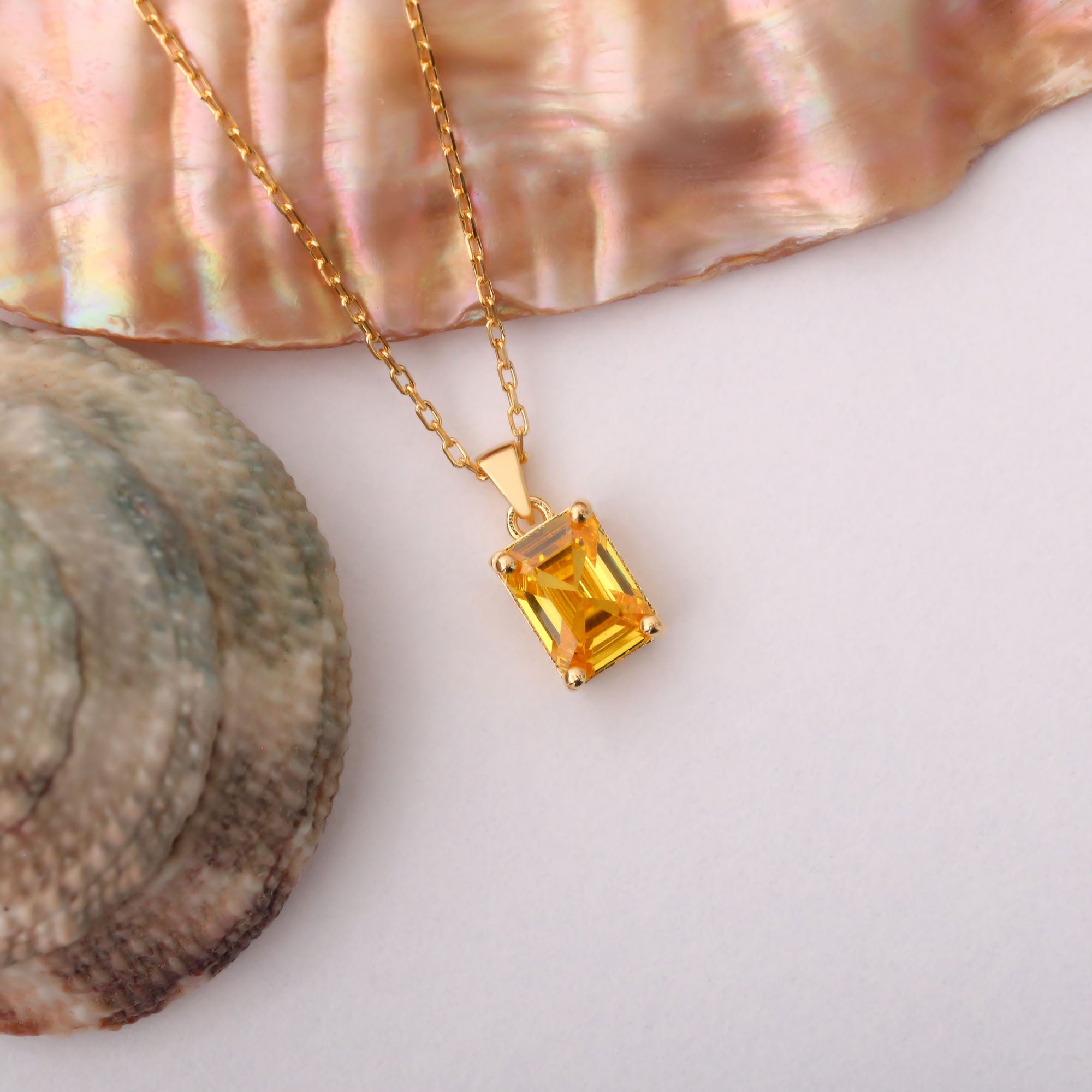 Rectangle Yellow Topaz Necklace in 14K Solid Gold, Birthstone Pendant Queen Jewelry Necklace