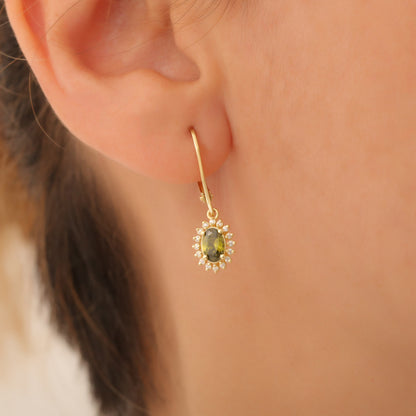 Oval Cut Peridot Dangling Earring Surrounded by Real Diamonds, 8K/10K/14K Solid Gold, August Birthstone
