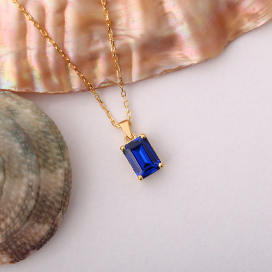 Rectangle Sapphire Necklace in 14K Solid Gold, September Birthstone Pendant Queen Jewelry Necklace