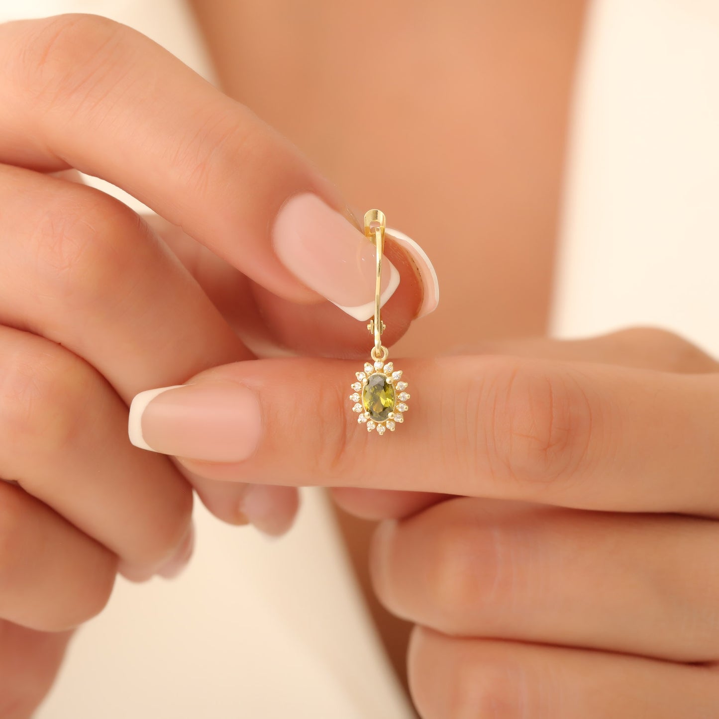 Oval Cut Peridot Dangling Earring Surrounded by Real Diamonds, 8K/10K/14K Solid Gold, August Birthstone