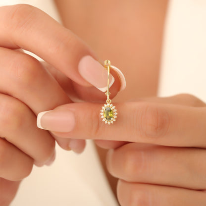 Oval Cut Peridot Dangling Earring Surrounded by Real Diamonds, 8K/10K/14K Solid Gold, August Birthstone