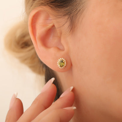 Oval Cut Peridot Stud Earring Surrounded by Real Diamonds, 10K/14K Solid Gold, August Birthstone
