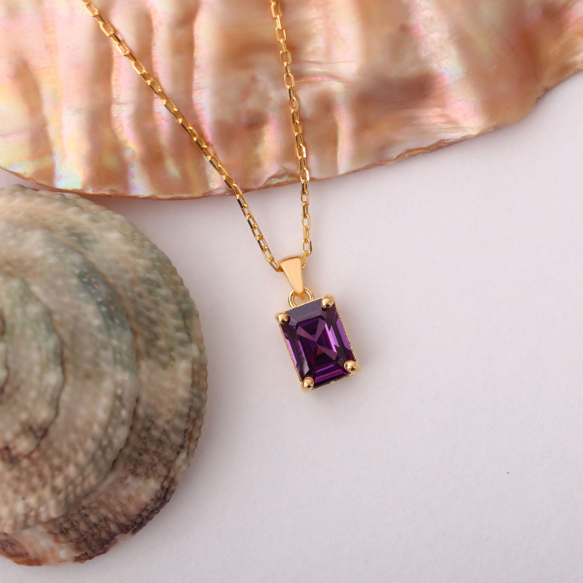 Rectangle Amethyst Necklace in 14K Solid Gold, February Birthstone Pendant Queen Jewelry Necklace