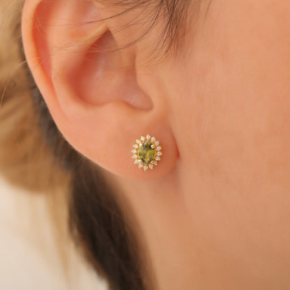 Oval Cut Peridot Stud Earring Surrounded by Real Diamonds, 10K/14K Solid Gold, August Birthstone