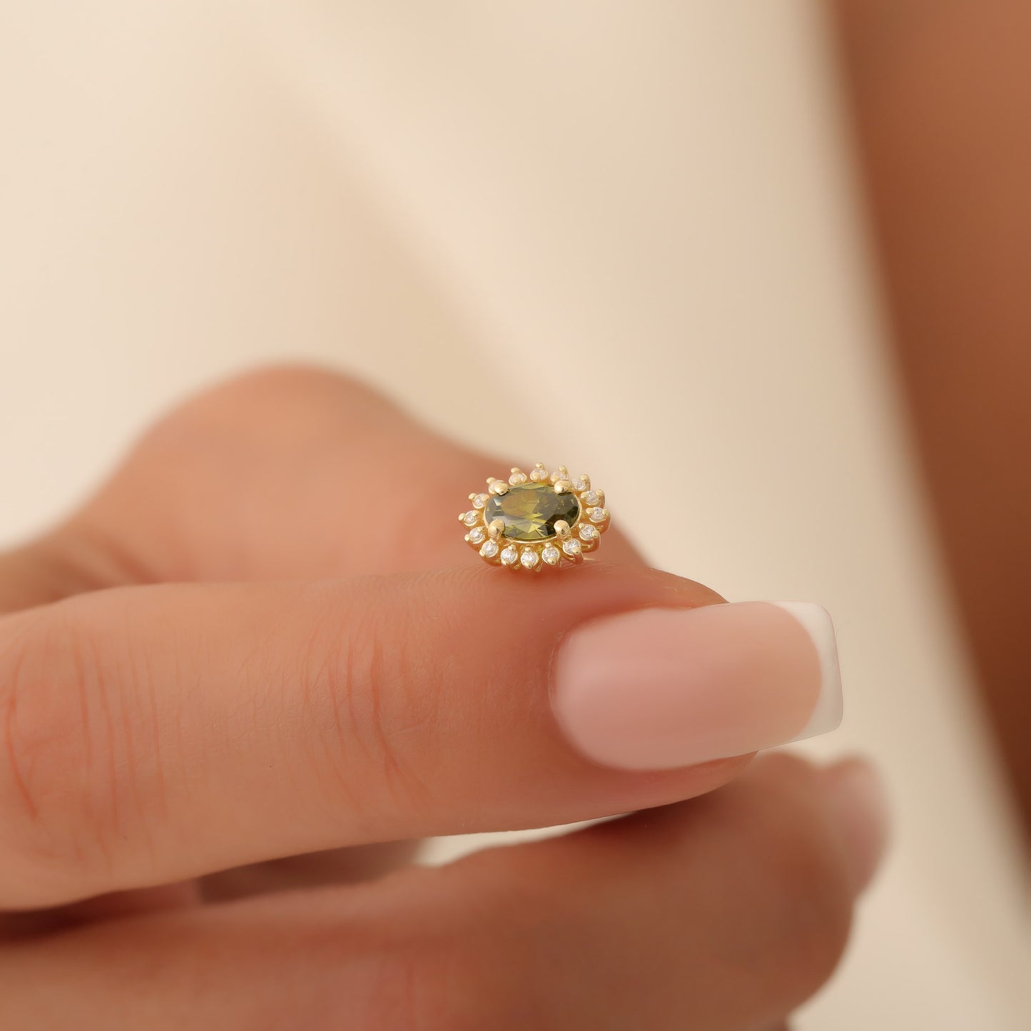 Oval Cut Peridot Stud Earring Surrounded by Real Diamonds, 10K/14K Solid Gold, August Birthstone