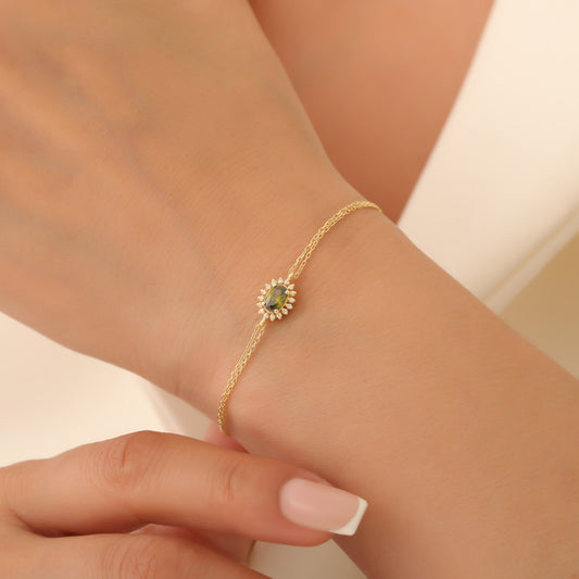 Peridot Oval Bracelet 8K/10K/14K Solid Gold Surrounded by Real Diamonds, August Birthstone Gift
