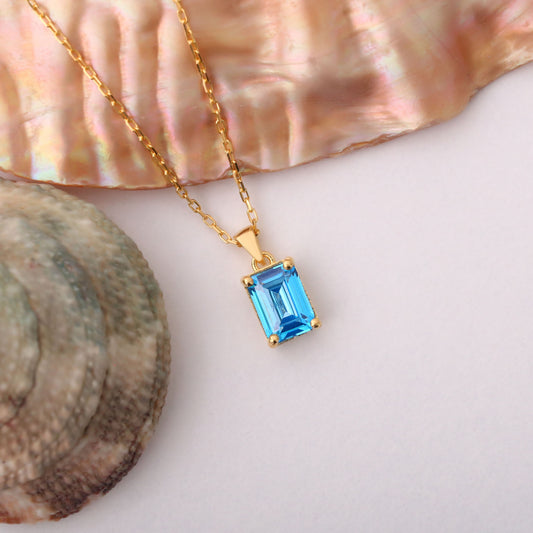 Rectangle Blue Topaz Necklace in 14K Solid Gold, December Birthstone Pendant Queen Jewelry Necklace