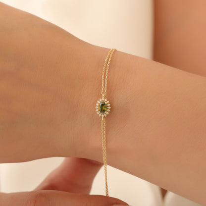 Peridot Oval Bracelet 8K/10K/14K Solid Gold Surrounded by Real Diamonds, August Birthstone Gift