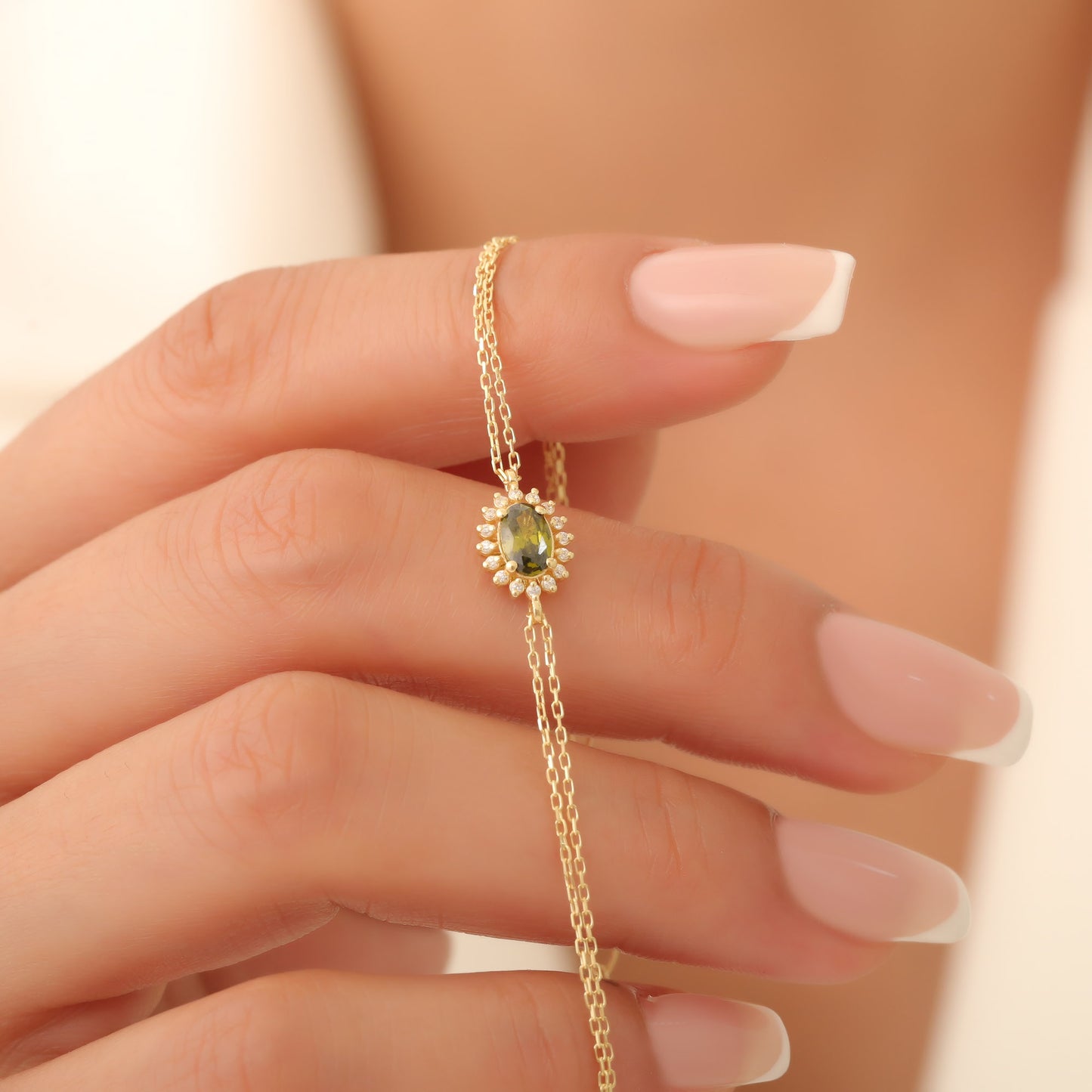 Peridot Oval Bracelet 8K/10K/14K Solid Gold Surrounded by Real Diamonds, August Birthstone Gift