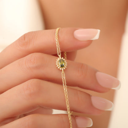 Peridot Oval Bracelet 8K/10K/14K Solid Gold Surrounded by Real Diamonds, August Birthstone Gift