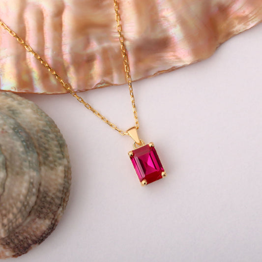 Rectangle Ruby Necklace in 14K Solid Gold, July Birthstone Pendant Queen Jewelry Necklace