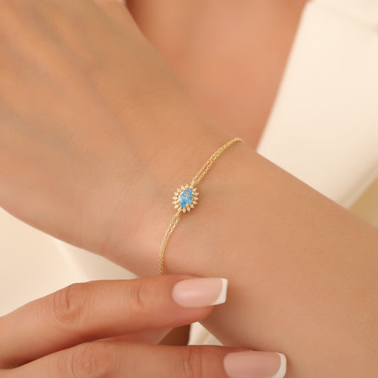 Blue Topaz Oval Bracelet 8K/10K/14K Solid Gold Surrounded by Real Diamonds, December Birthstone Gift