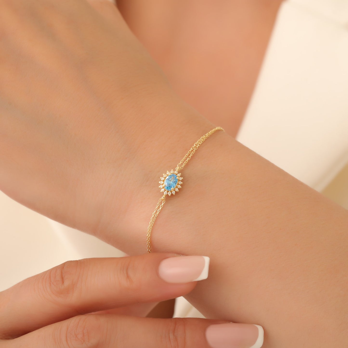 Blue Topaz Oval Bracelet 8K/10K/14K Solid Gold Surrounded by Real Diamonds, December Birthstone Gift