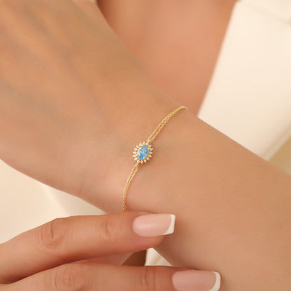 Blue Topaz Oval Bracelet 8K/10K/14K Solid Gold Surrounded by Real Diamonds, December Birthstone Gift